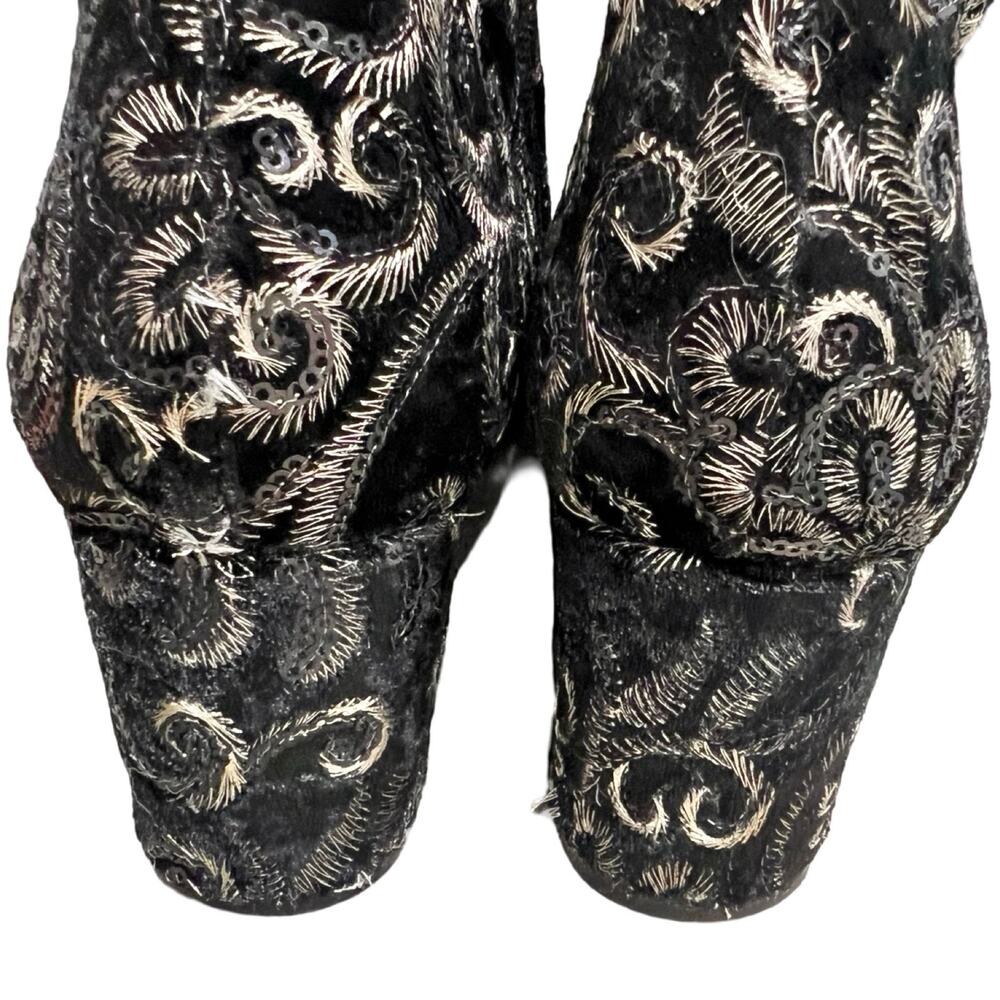 Aldo Sequin Gold Black Velvet Floral Brocade Block Heel Ankle Boots size 8.5 - Picture 5 of 7